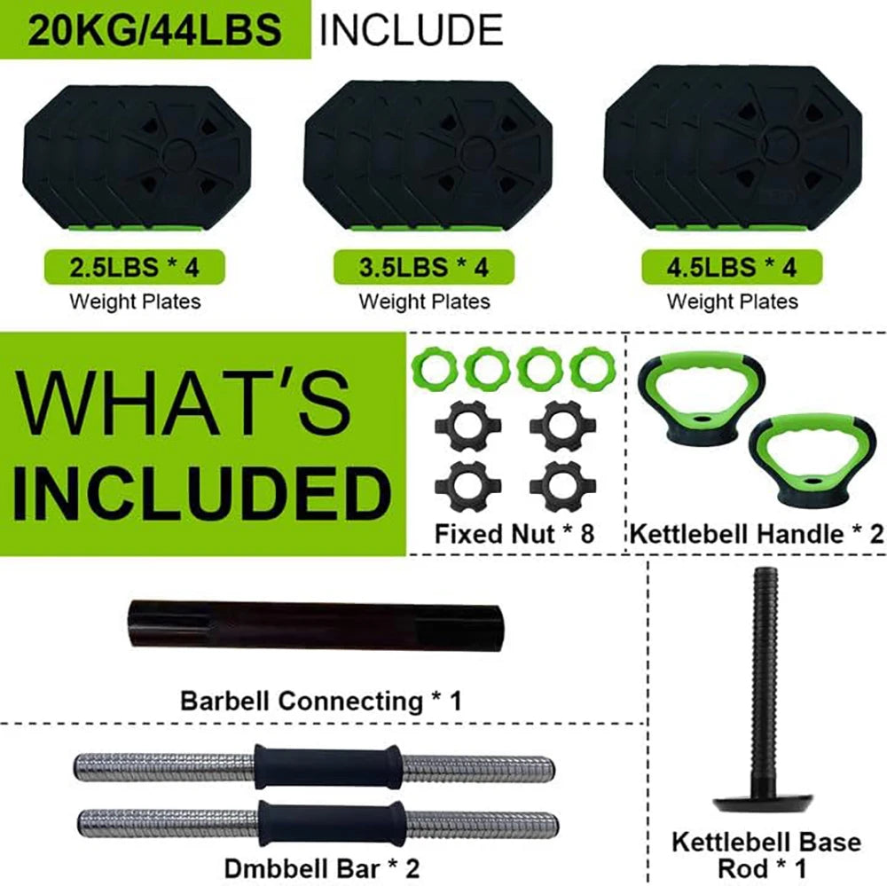 4 in 1 Adjustable Dumbbell Set,44lbs Weight Set with Iron Handle Used as Kettlebell, Barbell, Push up Stand for Home Gym